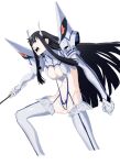 1girl black_eyes black_hair breasts cleavage clenched_hand eyebrows_visible_through_hair fake_horns gloves grey_background highres holding holding_sword holding_weapon horns junketsu kill_la_kill kiryuuin_satsuki kona_ming long_hair navel open_mouth simple_background solo sword teeth thighhighs weapon white_gloves 