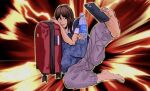  1girl bangs barefoot black_shirt blue_jacket bottle brown_hair cellphone eyebrows_visible_through_hair glowing head_on_hand head_rest highres holding holding_bottle holding_phone jacket jacket_partially_removed long_hair luggage multicolored_background pants parted_bangs phone photo-referenced pocari_sweat purple_pants real_life red_background selfie shirt short_sleeves smartphone smile solo super_smash_bros. taking_picture yashiro_pork yellow_background 
