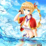  1girl blonde_hair blue_eyes breasts chrono_cross cleavage closed_mouth cloud crop_top gloves high_ponytail jewelry kid_(chrono_cross) knife kororiya long_hair looking_at_viewer midriff multi-tied_hair navel necklace ponytail skirt smile solo vest water 