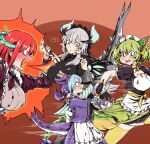  apron blue_horns chamber_dragonmaid claws colored_sclera dragon dragon_girl dragon_horns dragon_tail dragonmaid_lorpar duel_monster green_horns green_sclera green_tail green_theme green_wings highres horns kitchen_dragonmaid lace-trimmed_apron lace_trim laundry_dragonmaid low_wings maid maid_apron maid_headdress parlor_dragonmaid tail tkool_man wings yu-gi-oh! 
