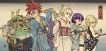  3girls ayla_(chrono_trigger) blonde_hair breasts chrono_trigger closed_mouth crono_(chrono_trigger) earrings frog_(chrono_trigger) glasses highres jewelry long_hair lucca_ashtear magus_(chrono_trigger) marle_(chrono_trigger) multiple_boys multiple_girls pointy_ears ponytail purple_hair red_hair robo_(chrono_trigger) robot samurai short_hair simple_background smoking sword weapon yuto_sakurai 