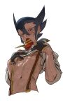  1boy bandaid bandaids_on_nipples bangs black_gloves black_hair blush clothes_lift commentary_request from_below gloves grey_eyes grimsley_(pokemon) gyakumushi hair_between_eyes highres lifted_by_self looking_down male_focus mouth_hold navel necktie necktie_in_mouth official_alternate_costume partially_fingerless_gloves pasties pokemon pokemon_(game) pokemon_masters_ex shirt_lift short_hair simple_background solo spiked_hair suspenders sweat upper_body white_background 