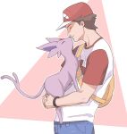  1boy backpack bag baseball_cap brown_hair closed_eyes closed_mouth commentary_request espeon from_side grey_pants hat male_focus outline pants pink_background pokemon pokemon_(creature) pokemon_(game) pokemon_sm red_(pokemon) red_headwear shirt short_hair short_sleeves smile t-shirt white_shirt yellow_bag yuusya27 