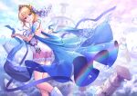  1girl :d bare_back bare_shoulders blonde_hair blue_cape blue_eyes blue_sash breasts bubble bug butterfly cape cloud commentary_request europa_(granblue_fantasy) eyebrows_visible_through_hair feet_out_of_frame flower fountain frilled_cape frills granblue_fantasy hair_between_eyes hair_flower hair_ornament holding looking_at_viewer looking_back medium_hair noz_illust open_mouth parted_lips pillar rainbow sash sideboob sidelocks sky smile solo standing standing_on_one_leg tiara veil water watercraft 