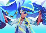  1boy bangs black_choker blue_background blue_eyes blue_hair buttons choker closed_mouth commentary_request frown gradient gradient_background grimsley_(pokemon) gyakumushi hair_between_eyes hands_up holding jacket looking_to_the_side male_focus official_alternate_costume pokemon pokemon_(game) pokemon_masters_ex shirt short_hair solo spiked_hair upper_body w_arms white_jacket white_shirt 