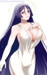  1girl armpit_peek artist_name asymmetrical_sleeves bare_shoulders breasts bridal_veil center_opening chocojax cleavage clothing_cutout detached_sleeves dress elbow_gloves fate/grand_order fate_(series) gloves hair_between_eyes hand_on_own_chest highres jewelry large_breasts long_sleeves looking_at_viewer mature_female minamoto_no_raikou_(fate) nail_polish purple_eyes purple_hair red_nails ring sideboob simple_background solo veil wedding_dress wedding_ring white_background white_dress white_gloves 