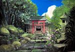  blue_sky cloud commentary_request day dojo highres no_humans original sky straight-on temple tree water zaidoap 