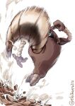  black_eyes commentary_request ebifurya full_body half-closed_eye highres hitmonlee incoming_attack kicking looking_at_viewer looking_down motion_blur motion_lines pokemon pokemon_(creature) rock solo twitter_username white_background 