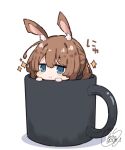  1girl amiya_(arknights) animal_ear_fluff animal_ears arknights bangs beni_shake blue_eyes blush brown_hair chibi closed_mouth commentary_request cup eyebrows_visible_through_hair hair_between_eyes in_container in_cup looking_at_viewer mug rabbit_ears shadow signature smile solo white_background 