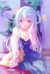  1girl blue_hair blush breasts dress head_rest indie_virtual_youtuber kagetsu_airy long_hair looking_at_viewer munuko nightgown pajamas pillow plant red_eyes see-through_dress smile solo translation_request virtual_youtuber 