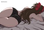  1girl absurdres angel_gabriel. ass back bed brown_hair curvy hair_ribbon highres long_hair love_live! lying on_bed on_side ousaka_shizuku panties ribbon simple_background solo thighs topless underwear wide_hips 