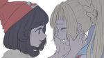  2girls :d bangs beanie blonde_hair blue_sailor_collar blush braid closed_eyes commentary_request eyelashes from_side hands_up happy hat high_ponytail highres lillie_(pokemon) looking_at_another multiple_girls myuuu_ay open_mouth pokemon pokemon_(game) pokemon_sm red_headwear sailor_collar selene_(pokemon) shirt smile teeth tongue upper_body upper_teeth white_background white_shirt yellow_shirt 