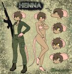  anthro boots clothing covering covering_breasts covering_crotch expressions fan_character female footwear gun henna_(wasileus) hi_res mammal military military_uniform model_sheet murid murine nude ranged_weapon rat rifle rodent solo uniform wasileus weapon 