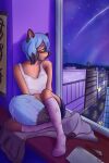  absurd_res anthro blue_hair bottomwear brand_new_animal canid canine city city_background clothing ears_up female fox hair hi_res legwear looking_at_another looking_pleasured mammal michiru_kagemori nazuna_hiwatashi night paper pink_stockings raccoon_dog shirsha shirt shorts sky smile solo star stockings studio_trigger tail tanuki topwear undershirt window window_seat window_sill 