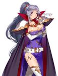  1girl armor artist_name bangs belt black_cape bracelet breasts cape chocojax choker cross detached_sleeves earrings elbow_gloves eyebrows_behind_hair fire_emblem fire_emblem:_genealogy_of_the_holy_war gloves hair_behind_ear highres ishtar_(fire_emblem) jewelry long_hair looking_at_viewer pauldrons pelvic_curtain ponytail purple_eyes purple_hair shoulder_armor side_slit smile solo thighhighs tied_hair white_gloves 