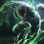 anthro arm_scar blue_body blue_fur body_modification canid canine canis claws dopq facial_scar fangs finger_claws fur glowing glowing_eyes hi_res league_of_legends looking_at_viewer male mammal red_eyes riot_games scar solo toe_claws tubes video_games warwick_(lol) wolf 