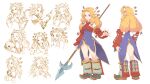  1girl back blonde_hair boots character_sheet closed_eyes coattails detached_sleeves expressionless fringe_trim haccan hair_tubes hand_to_own_mouth happy highres holding holding_jack-o&#039;-lantern holding_polearm holding_weapon imu_(lom) legend_of_mana long_hair looking_at_viewer multiple_views non-web_source official_art open_mouth pointy_footwear polearm pumpkin sad seiken_densetsu smile solo spear standing surprised tears turnaround weapon wince wiping_tears 