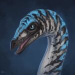  1:1 2019 ambiguous_gender azany beak blue_eyes digital_media_(artwork) dinosaur feral gallimimus hi_res markings multicolored_body open_beak open_mouth ornithomimid pink_tongue reptile scalie scar solo striped_markings stripes the_isle theropod tongue watermark 