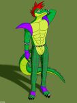  alligator alligatorid anthro anthro_only colored crocodilian digital_media_(artwork) dustin_c eyewear five_nights_at_freddy&#039;s five_nights_at_freddy&#039;s:_security_breach green_body green_skin hair hi_res male mohawk montgomery_gator_(fnaf) muscular red_eyes red_hair reptile scalie scott_cawthon scottgames shaded simple_background smile solo video_games 