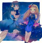  2girls :o bangs bare_shoulders beads blonde_hair blue_dress blue_eyes blue_hairband border closed_mouth commentary_request crescent crescent_hair_ornament dawn_(pokemon) dress elbow_gloves eyebrows_visible_through_hair flower gloves green_eyes hair_flower hair_ornament hairband hand_up hands_up highres lillie_(pokemon) long_hair looking_at_viewer multiple_girls myuuu_ay official_alternate_costume open_mouth outside_border own_hands_together pokemon pokemon_(anime) pokemon_(game) pokemon_masters_ex pokemon_swsh_(anime) red_flower smile white_border 
