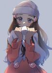  1girl beanie blush brown_hair chromatic_aberration coat cold commentary_request dawn_(pokemon) eyelashes grey_eyes hair_ornament hairclip hands_up hat head_tilt highres holding holding_clothes holding_scarf long_hair long_sleeves looking_at_viewer myuuu_ay pokemon pokemon_(game) pokemon_dppt pokemon_platinum scarf solo upper_body white_headwear white_scarf 
