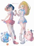  2girls :d alternate_costume bangs black_hair blonde_hair blue_sailor_collar blurry blush brionne clefairy closed_mouth eyelashes green_eyes hair_ribbon hand_up heart high_ponytail highres holding_hands lillie_(pokemon) long_hair medium_hair multiple_girls myuuu_ay open_mouth pink_footwear pink_ribbon pink_skirt pleated_skirt pokemon pokemon_(creature) pokemon_(game) pokemon_sm ribbon sailor_collar selene_(pokemon) shirt shoes short_sleeves skirt smile socks standing thighhighs tongue white_footwear white_legwear white_shirt white_skirt 