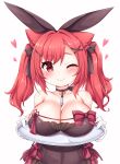  1girl ;3 absurdres animal_ears azur_lane bangs bare_shoulders black_choker blush bow breast_rest breasts breasts_on_tray brown_leotard cat_ears cat_girl choker cleavage closed_mouth collarbone commentary_request covered_navel cowboy_shot eyebrows_visible_through_hair fake_animal_ears frilled_leotard frills gloves hair_between_eyes hair_bow hair_ornament heart highres holding holding_tray i-19_(azur_lane) i-19_(blossoming_bunny)_(azur_lane) kinomiki_(tales22) large_breasts leotard long_hair looking_at_viewer one_eye_closed pantyhose playboy_bunny rabbit_ears red_eyes red_hair sidelocks simple_background smile solo standing strapless strapless_leotard tray twintails white_background white_gloves x_hair_ornament 