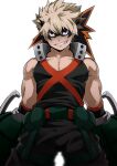  1boy 8_(yamalu) bakugou_katsuki bangs blonde_hair boku_no_hero_academia commentary_request green_eyes looking_at_viewer male_focus muscular muscular_male open_mouth pants red_eyes short_hair smile solo spiked_hair teeth 