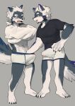 2022 anthro black_clothing black_shirt black_topwear blush canid canine claws clothing countershade_face countershade_legs countershade_torso countershading duo erection_pushing_underwear fur grey_body grey_fur hair hand_in_underwear hi_res male male/male mammal milkytiger1145 open_mouth open_smile shirt smile topwear underwear white_body white_clothing white_countershading white_hair white_shirt white_topwear 