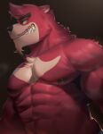  abs anthro black_nipples bodily_fluids facial_hair fangs goatee grin hi_res huzzhuz kumatetsu looking_sideways male mammal muscular muscular_arms muscular_male mustache nipples pecs pompadour shirtless shirtless_male smile solo sweat ursid 