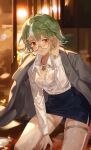  1girl absurdres adjusting_hair alternate_costume between_legs blue_skirt blurry blush bokeh breasts cleavage closed_mouth collared_shirt commentary_request depth_of_field eyebrows_visible_through_hair forehead gem genshin_impact glasses green_hair hair_between_eyes hand_between_legs hand_up highres jewelry kneeling long_sleeves mature_female medium_breasts multicolored_eyes multicolored_hair necklace office_lady older on_shoulder pencil_skirt red_eyes sem_(honey_sv) shirt sidelocks skirt smile solo sucrose_(genshin_impact) thighhighs two-tone_hair wet wet_clothes wet_legwear wet_shirt white_hair white_legwear white_shirt white_sleeves yellow_eyes 