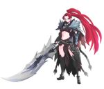  1girl absurdres armor cape chain full_body greaves high_ponytail highres holding holding_sword holding_weapon huge_weapon long_hair looking_at_viewer lost_ark navel original pauldrons pelvic_curtain red_eyes red_hair shoulder_armor simple_background solo standing sword tungtunggugu very_long_hair weapon 