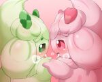  after_kiss alcremie blush bodily_fluids clover duo female female/female food food_creature four_leaf_clover gradient_background green_body green_eyes hand_holding heart_accessory hi_res nintendo not_furry pink_background pink_body pink_eyes pok&eacute;mon pok&eacute;mon_(species) saliva saliva_string simple_background video_games vitamin_t 