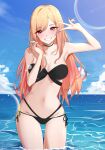  1girl absurdres bare_shoulders bikini black_bikini black_choker blonde_hair choker cloud collarbone cowboy_shot gradient_hair groin hand_up highres holding holding_hair kitagawa_marin looking_at_viewer midriff multi-strapped_bikini multicolored_hair navel ocean partially_submerged pink_hair red_eyes shiny shiny_skin side-tie_bikini smile solo sono_bisque_doll_wa_koi_wo_suru standing stomach strapless strapless_bikini sunny721 swimsuit thighs two-tone_hair v 