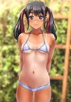  1girl :3 absurdres bikini black_eyes black_hair blurry blurry_background ear_piercing highres kobamiso_(kobalt) multicolored_hair navel one-piece_tan piercing print_bikini red_hair smile solo sono_bisque_doll_wa_koi_wo_suru star_(symbol) star_print streaked_hair string_bikini sugaya_nowa swimsuit tan tanlines twintails two-tone_hair 