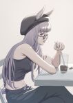  1girl absurdres animal_ears arm_rest armpit_crease bangs bare_shoulders beret black_headwear black_tank_top blunt_bangs breasts casual commentary cup denim drinking_glass drinking_straw ears_through_headwear eyebrows_visible_through_hair gold_ship_(umamusume) groin hat highres holding holding_drinking_straw horse_ears horse_girl horse_tail jeans large_breasts long_hair looking_at_viewer midriff navel pants parted_lips profile purple_eyes shibakarisena sidelocks silver_hair simple_background sitting solo sunglasses tail tank_top umamusume white_background 
