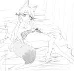  1girl animal_ear_fluff animal_ears bangs bare_legs barefoot controller extra_ears eyebrows_visible_through_hair ezo_red_fox_(kemono_friends) fox_ears fox_girl fox_tail game_controller gradient_hair hair_between_eyes highres kemono_friends kona_ming long_hair looking_at_viewer lying multicolored_hair on_bed on_side panties parted_lips pleated_skirt short_sleeves sketch skirt solo tail underwear very_long_hair 