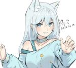  1girl animal_ear_fluff animal_ears bangs bare_shoulders blue_choker blue_eyes blue_hair blue_shirt blush cat_ears character_request choker commentary_request copyright_request dated grin hair_between_eyes long_hair long_sleeves looking_at_viewer off-shoulder_shirt off_shoulder shirt simple_background smile solo upper_body white_background yuedengyuhao 