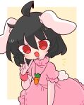  1girl animal_ears black_hair carrot_necklace dress floppy_ears frilled_dress frilled_sleeves frills highres inaba_tewi jewelry op_na_yarou pendant pink_dress puffy_short_sleeves puffy_sleeves rabbit_ears rabbit_tail red_eyes ribbon-trimmed_dress short_hair short_sleeves smile solo tail touhou v 