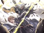  2boys animal_ears armor bangs black_armor black_cape black_hairband blue_eyes brown_eyes brown_hair cape closed_mouth erune eustace_(granblue_fantasy) fighting_stance gran_(granblue_fantasy) granblue_fantasy grey_hair hairband highres lightning looking_at_viewer male_focus multiple_boys open_mouth relic_buster_(granblue_fantasy) rock short_hair shoulder_armor shoulder_pads zanki 