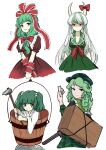  4girls arm_ribbon backpack bag bangs bow breasts bucket camouflage camouflage_headwear camouflage_jacket camouflage_skirt card cleavage commentary_request dress ex-keine flat_cap frilled_ribbon frills front_ponytail green_dress green_eyes green_hair green_headwear grey_hair hair_bobbles hair_bow hair_ornament hair_ribbon hammer hat highres himuhino holding holding_card horn_bow horn_ornament horn_ribbon horns in_bucket in_container jacket japanese_clothes kagiyama_hina kamishirasawa_keine kappa kimono kisume long_hair long_sleeves medium_breasts medium_hair multicolored_hair multiple_girls puffy_short_sleeves puffy_sleeves red_bow red_dress red_eyes red_ribbon ribbon rock short_hair short_sleeves simple_background skirt skirt_set sukusuku_hakutaku touhou two-tone_hair very_long_hair white_background white_kimono wide_sleeves wooden_bucket yamashiro_takane youkai 