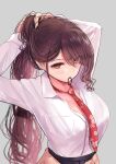  1girl azur_lane bangs black_skirt breast_pocket breasts brown_eyes brown_hair cleavage clothes_around_waist collarbone collared_shirt floral_print from_above large_breasts long_bangs long_hair long_sleeves looking_at_viewer loose_necktie mouth_hold necktie office_lady partially_unbuttoned pleated_skirt pocket print_necktie schreibe_shura shirt shirt_tucked_in simple_background skirt sweater sweater_around_waist swept_bangs tented_shirt tsurime tying_hair upper_body white_shirt zuikaku_(azur_lane) 