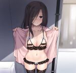  1girl akase_haruka areolae bangs black_bra black_legwear black_panties blurry blurry_background blush bow bow_bra bow_panties bra breasts brown_eyes brown_hair cleavage closed_mouth collarbone commentary_request cowboy_shot depth_of_field exhibitionism eyebrows_visible_through_hair eyes_visible_through_hair hair_over_one_eye jacket lace lace-trimmed_bra lace-trimmed_legwear lace-trimmed_panties lace_trim long_hair looking_at_viewer medium_breasts nakajima_yuka navel open_clothes open_jacket original panties photoshop_(medium) pink_jacket public_indecency reward_available smile solo thighhighs underwear 