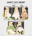  1girl :&lt; :t ahoge apron arms_under_breasts bangs bare_arms bare_shoulders black_nails blonde_hair blush breastless_clothes breasts chart cleavage_cutout clothes_writing clothing_cutout collarbone commentary crop_top drawstring embarrassed english_commentary english_text eyebrows_visible_through_hair green_apron green_eyes hair_between_eyes half_updo hand_on_own_chest highres horns lamia large_breasts long_hair long_sleeves looking_at_viewer meme monster_girl multiple_views naked_apron navel one_eye_closed original pasties pout revealing_clothes shirt_cut_(meme) sideboob simple_background snek_(terupancake) terupancake twitter_username underboob upper_body 