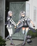  2girls annin_musou black_gloves black_sailor_collar black_skirt blush bodysuit chou-10cm-hou-chan_(suzutsuki&#039;s) closed_eyes closed_mouth clothes_writing eyebrows_visible_through_hair full_body fuyutsuki_(kancolle) gloves grey_eyes grey_legwear grey_neckerchief hachimaki hair_between_eyes headband highres kantai_collection long_hair multiple_girls neckerchief one_side_up open_mouth pleated_skirt puffy_short_sleeves puffy_sleeves rudder_footwear sailor_collar school_uniform serafuku short_sleeves silver_hair skirt smile suzutsuki_(kancolle) thighhighs white_bodysuit white_headwear white_neckerchief white_sailor_collar white_skirt 