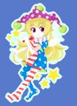  1girl american_flag american_flag_dress american_flag_legwear bangs blonde_hair blue_background blush closed_mouth clownpiece commentary_request dress expressionless eyebrows_visible_through_hair fairy fairy_wings frilled_shirt_collar frills full_body hat jester_cap long_hair looking_at_viewer messy_hair neck_ruff no_shoes nosada pantyhose polka_dot purple_eyes simple_background solo star_(symbol) touhou very_long_hair wings 