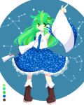  1girl ankle_boots arm_up armpits bangs blue_background blue_shirt blue_skirt blush boots breasts brown_footwear closed_mouth collared_vest constellation cross-laced_footwear eyebrows_visible_through_hair frilled_skirt frills frog_hair_ornament full_body gohei green_eyes green_hair hair_between_eyes hair_ornament hair_tubes japanese_clothes kochiya_sanae long_hair looking_to_the_side medium_skirt messy_hair miko nosada outstretched_arm pointing pointing_up shirt skirt sleeveless sleeveless_shirt smile snake_hair_ornament socks solo standing touhou vest white_legwear white_vest 