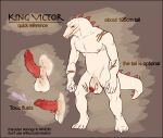  5_fingers anthro balls bodily_fluids claws colored_sketch cum cumshot ejaculation english_text erection fingers genital_fluids genitals king_victor_(ninetht) male model_sheet ninetht nipples penis red_penis scar sketch solo spiked_penis spikes spikes_(anatomy) standing text unusual_bodily_fluids unusual_cum unusual_genital_fluids white_balls white_body white_claws white_tail 
