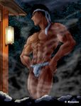  1boy capcom highres male male_focus muscle nature onsen outdoors penis ryu ryuu_(street_fighter) sky solo street_fighter 