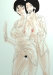  2girls apron black_hair blush bottomless breasts eggplant glasses gusu happy_sex knife large_breasts licking looking_back multiple_girls naked_apron no_bra open_mouth open_shirt pubic_hair pussy_juice reach-around shirt short_hair simple_background smile standing uncensored yuri 